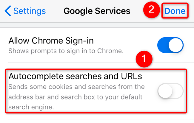 Disable "Autocomplete Searches and URLs" on the "Google Services" page in Chrome on iPhone.