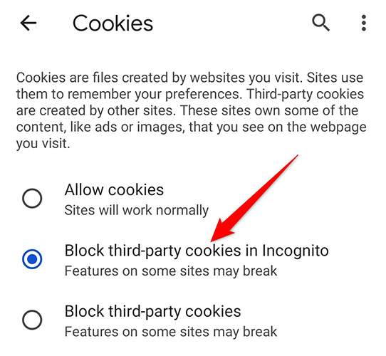 Activate the "Block Third-Party Cookies in Incognito" option on the "Cookies" page in Chrome on mobile.
