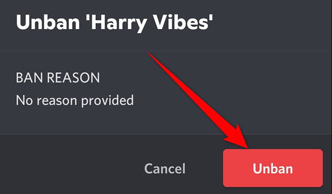 Tap "Unban" in the "Unban" prompt in Discord on mobile.