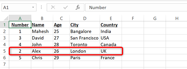 A row moved with drag and drop in Excel.
