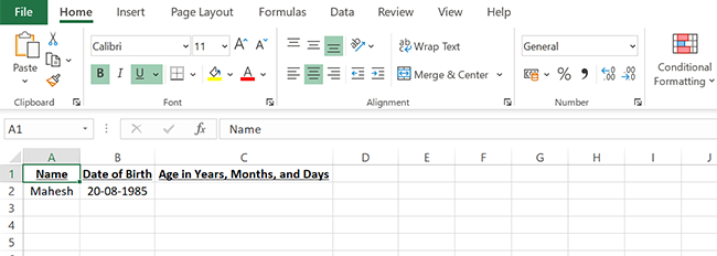 A sample spreadsheet to find age in years, months, and days in Excel.