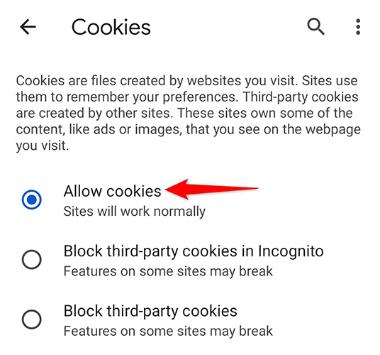 Enable "Allow Cookies" on the "Cookies" page in Chrome on mobile.