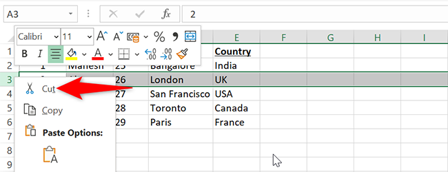 Right-click the row number and select "Cut" in Excel.
