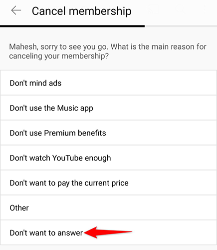 Select a reason for cancellation in the YouTube app.