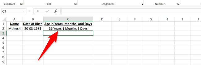 Age in years, months, and days in Excel.