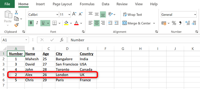 A row moved with cut and paste in Excel.