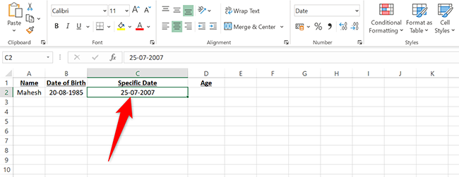 A specific date in the C2 cell in Excel.