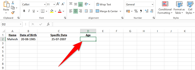Click the D2 cell in Excel.