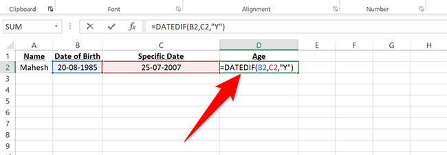 Enter =DATEDIF(B2,C2,"Y") in the D2 cell in Excel.