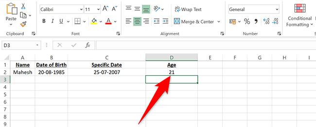 Age on a specific date in the D2 cell in Excel.