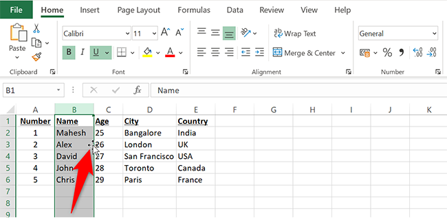 Move the cursor to the column's border in Excel.