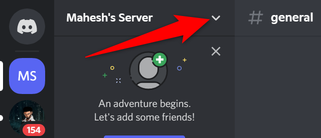 Click the down-arrow icon for a server in Discord on desktop.