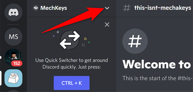 Click the down-arrow icon from the server menu in Discord on desktop.