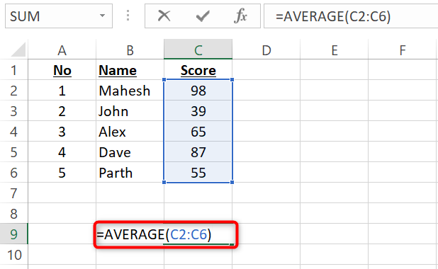 Enter the AVERAGE function in the C9 cell in Excel.