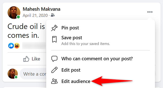 Select "Edit Audience" from the three-dots menu for a post on Facebook.
