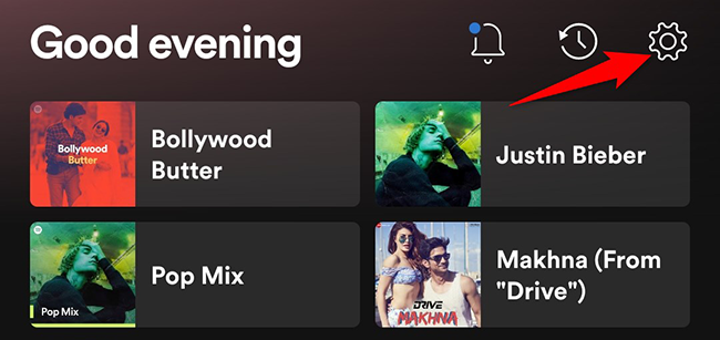 Select "Settings" on the "Home" screen in Spotify on mobile.