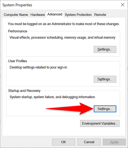 Click "Settings" in the "Startup and Recovery" section on the "System Properties" window.