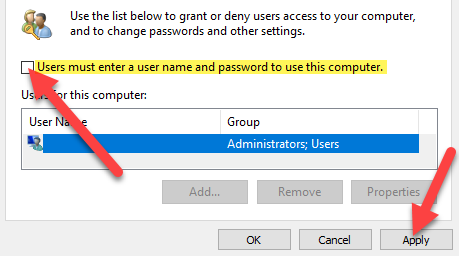 uncheck the box for “Users must enter a user name and password to use this computer."