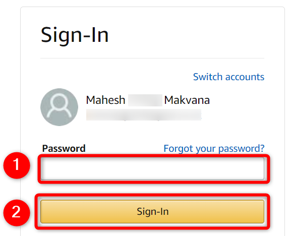 Click the "Password" field, type the current password, and click "Sign-In" on the "Sign-In" page of the Amazon site.