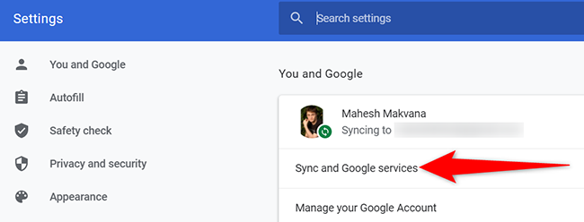Select "Sync and Google Services" on the "Settings" page in Chrome on desktop.