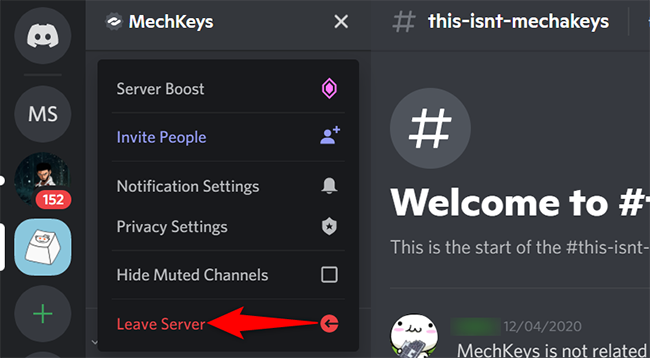 Select "Leave Server" from the server menu in Discord on desktop.