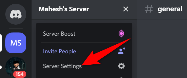 Select "Server Settings" from the down-arrow icon menu for a server in Discord on desktop.