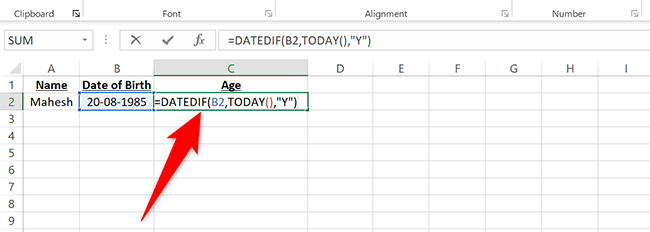 Type =DATEDIF(B2,TODAY(),"Y") in the C2 cell and press Enter in Excel.