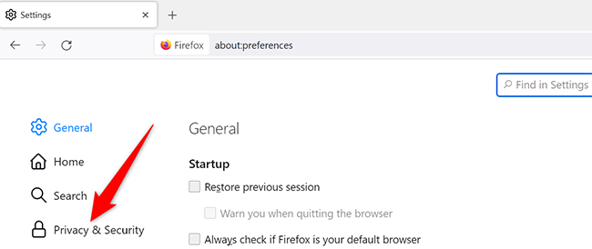 Click "Privacy & Security" on the "Settings" page in Firefox on desktop.