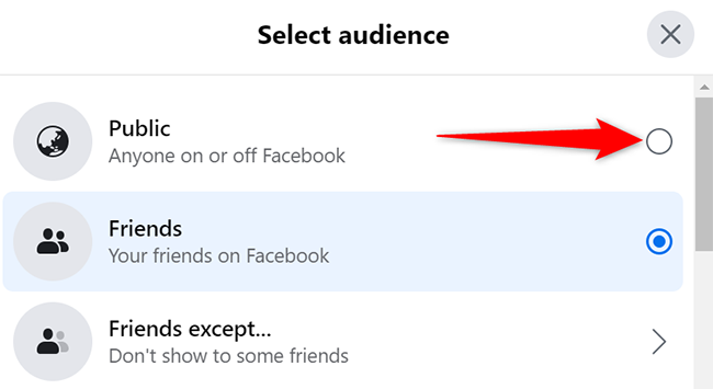 Select "Public" in the "Select Audience" window on Facebook.