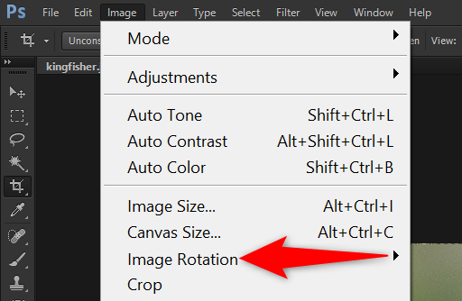 Click Image > Image Rotation in Photoshop's menu bar.