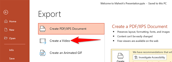 Click "Create a Video" on the "Export" page in PowerPoint.