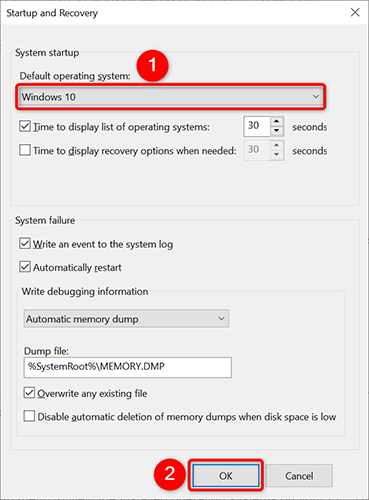 Select the default OS from the "Default Operating System" drop-down menu on the "Startup and Recovery" window.