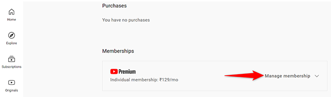Click "Manage Membership" in the "Membership" section on the YouTube site.