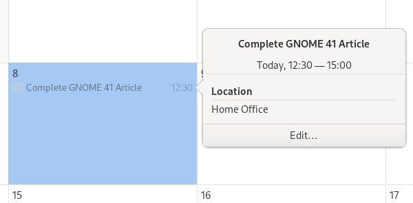 GNOME calendar small dialog summary