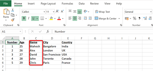 A moved column in Excel.