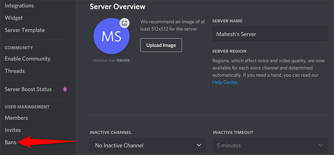 Select "Bans" on the server settings page in Discord on desktop.