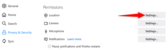 Click "Settings" next to "Location" on the "Settings" page in Firefox on desktop.