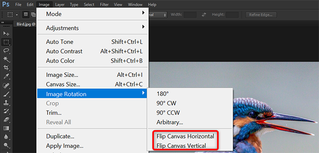Select a flip option in the "Image Rotation" menu in Photoshop.