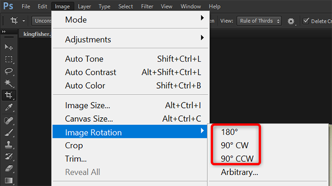 Select a predefined image rotation option in Photoshop.