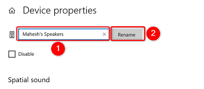 Enter a new name and click "Rename" on the "Device Properties" page in Settings on Windows 10.