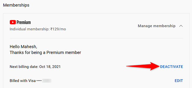 Select "Deactivate" in the "Premium" section on the YouTube site.