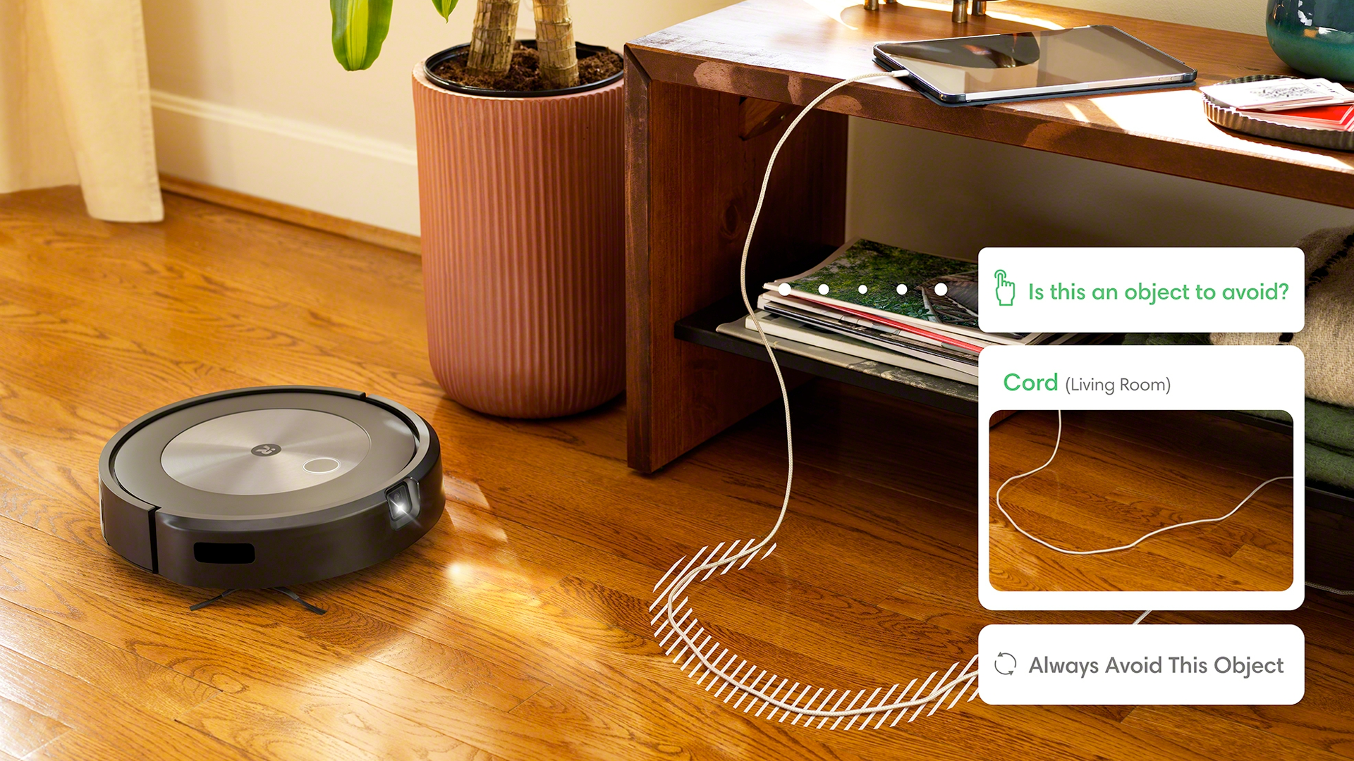 The Roomba J7 identifying and avoiding a power cable
