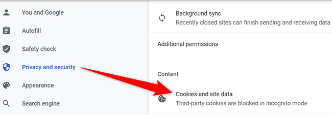 Select "Cookies and Site Data" on the "Site Settings" page in Chrome on desktop.