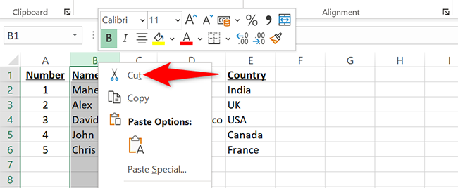 Right-click the column letter and select "Cut" in Excel.