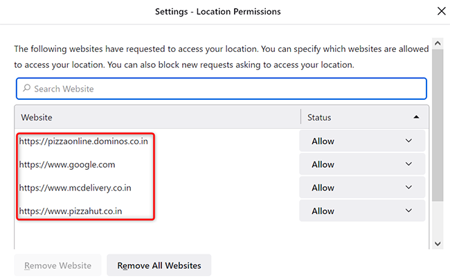A list of sites that can access the user location in Firefox on desktop.
