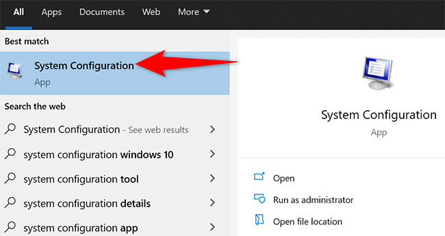 Find and click "System Configuration" in the "Start" menu.