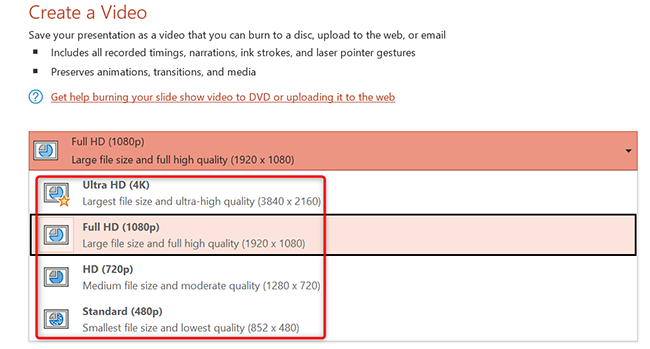 Select video quality in PowerPoint.