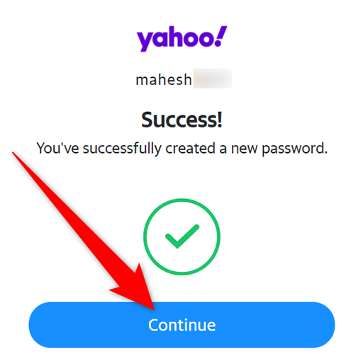Click "Continue" on the "Success" page of the Yahoo site.