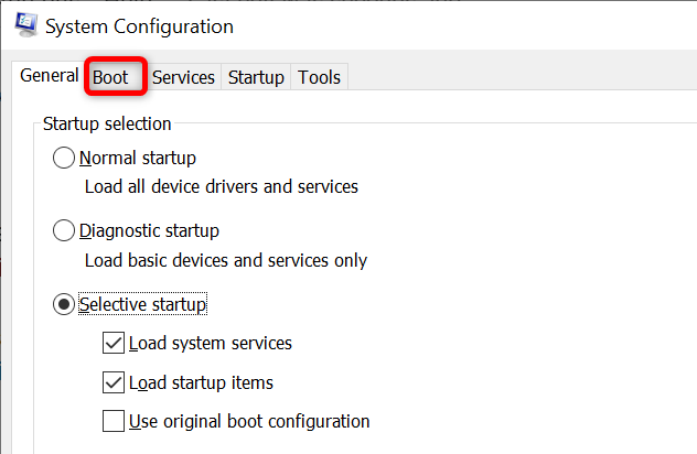 Click the "Boot" tab on the "System Configuration" window.