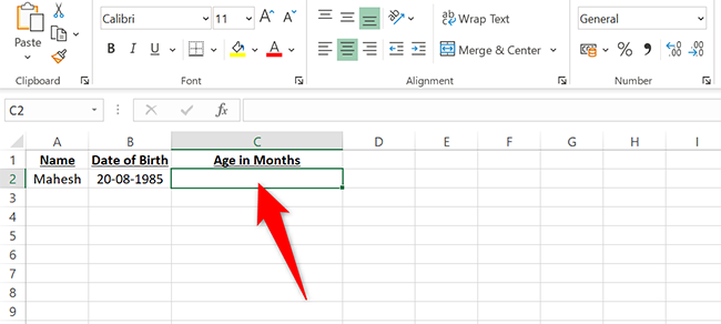 Click the C2 cell in the spreadsheet in Excel.